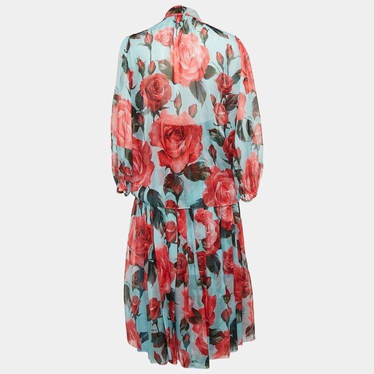 Pre Owned Dolce & Gabbana Blue Floral Print Silk Blouse and Skirt Set L