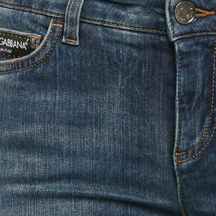 Pre Owned Dolce & Gabbana Blue Logo Applique Denim Ripped Jeans S Waist 29"