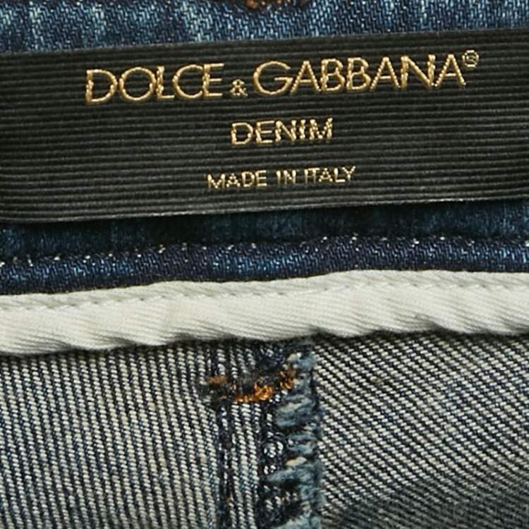 Pre Owned Dolce & Gabbana Blue Logo Applique Denim Ripped Jeans S Waist 29"