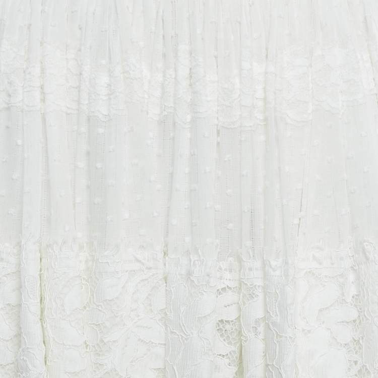 Pre Owned Dolce & Gabbana White Cotton Lace Gathered Knee Length Skirt S