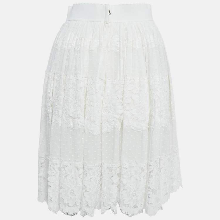 Pre Owned Dolce & Gabbana White Cotton Lace Gathered Knee Length Skirt S