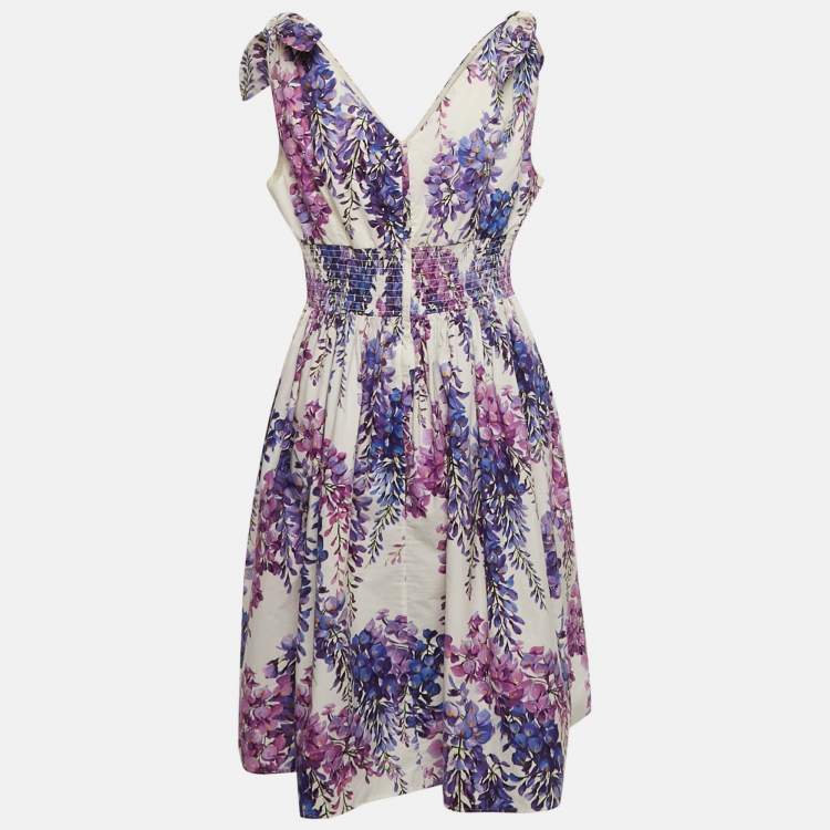 مملوكة مسبقًا Dolce & Gabbana Floral Print Cotton Tie-Up Shoulder Detail Smocked Short Dress L