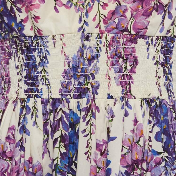 مملوكة مسبقًا Dolce & Gabbana Floral Print Cotton Tie-Up Shoulder Detail Smocked Short Dress L