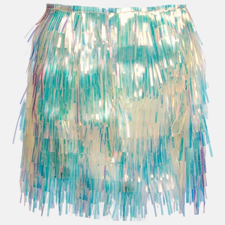 Pre Owned Dolce & Gabbana Iridescent Synthetic Fringed Mini Skirt M