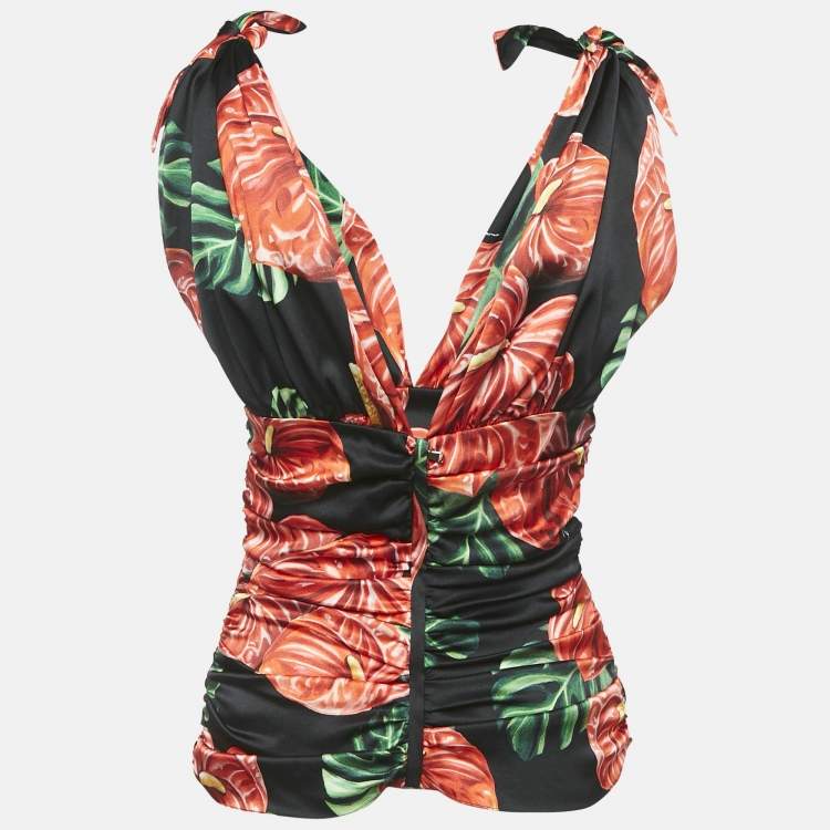 Pre Owned Dolce & Gabbana Black/Red Anthurium Print Satin Ruched Top M