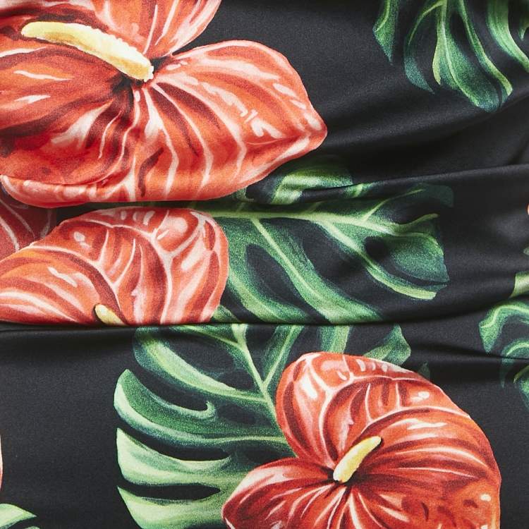 Pre Owned Dolce & Gabbana Black/Red Anthurium Print Satin Ruched Top M
