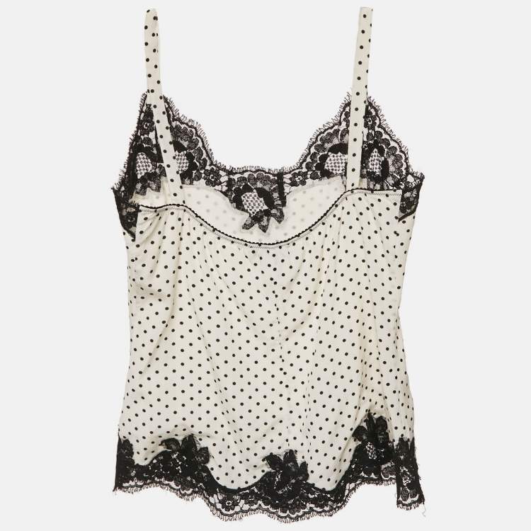 Pre Owned Dolce & Gabbana White Polka Dots Print Silk and Lace Trim Camisole M