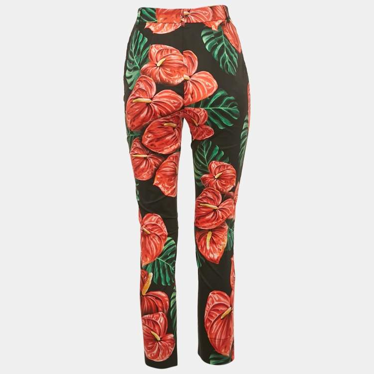 Pre Owned Dolce & Gabbana Black/Red Anthurium Print Cotton Trousers S