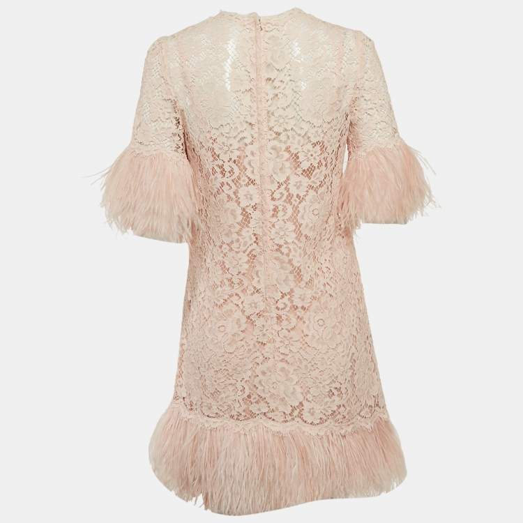 Pre Owned Dolce & Gabbana Pink Lace Feather Embellished Mini Dress S