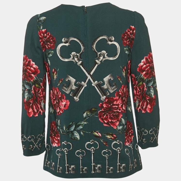 Pre Owned Dolce & Gabbana Green Key & Floral Print Crepe Top S