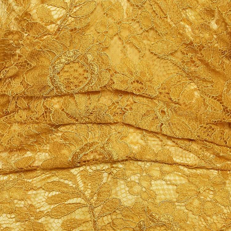 Pre Owned Dolce & Gabbana Yellow Lace Draped Strapless Mini Dress M