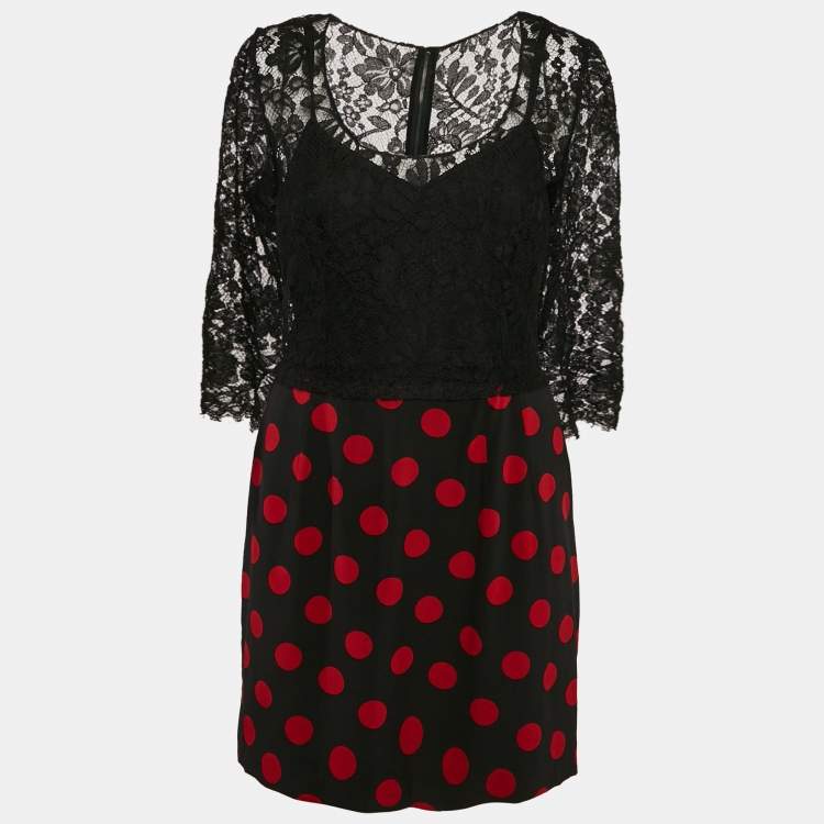 Pre Owned Dolce & Gabbana Black Lace and Polka Dot Print Silk Mini Dress M