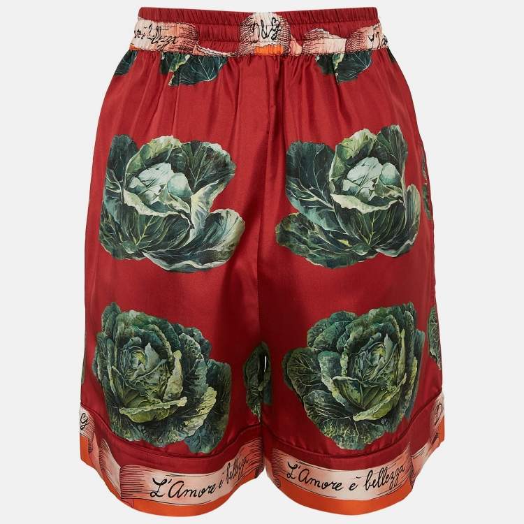 Pre Owned Dolce & Gabbana Red Cabbage Print Silk Short S