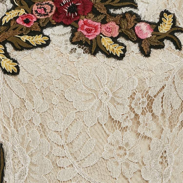 Pre Owned Dolce & Gabbana Light Beige Lace Floral Applique Detail Short Dress M