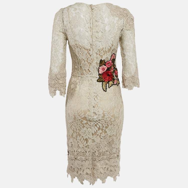 Pre Owned Dolce & Gabbana Light Beige Lace Floral Applique Detail Short Dress M