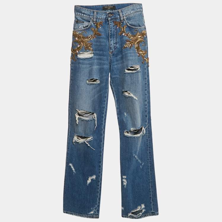 Pre Owned Dolce & Gabbana Ripped Denim Embellished Jeans S Waist 28"
