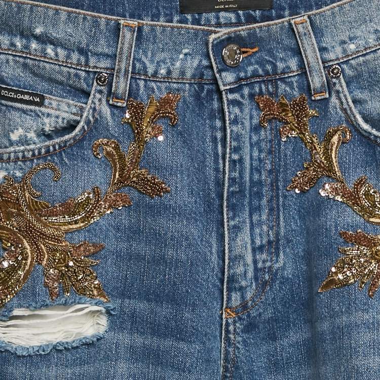 Pre Owned Dolce & Gabbana Ripped Denim Embellished Jeans S Waist 28"