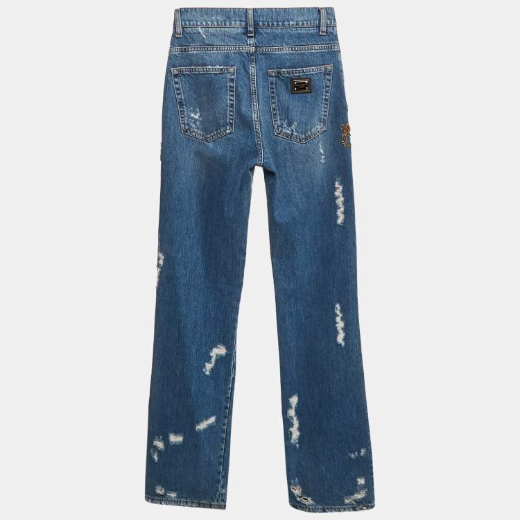 Pre Owned Dolce & Gabbana Ripped Denim Embellished Jeans S Waist 28"