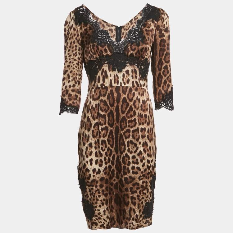 Pre Owned Dolce & Gabbana Brown Leopard Print Lace Trim Satin Mini Dress L