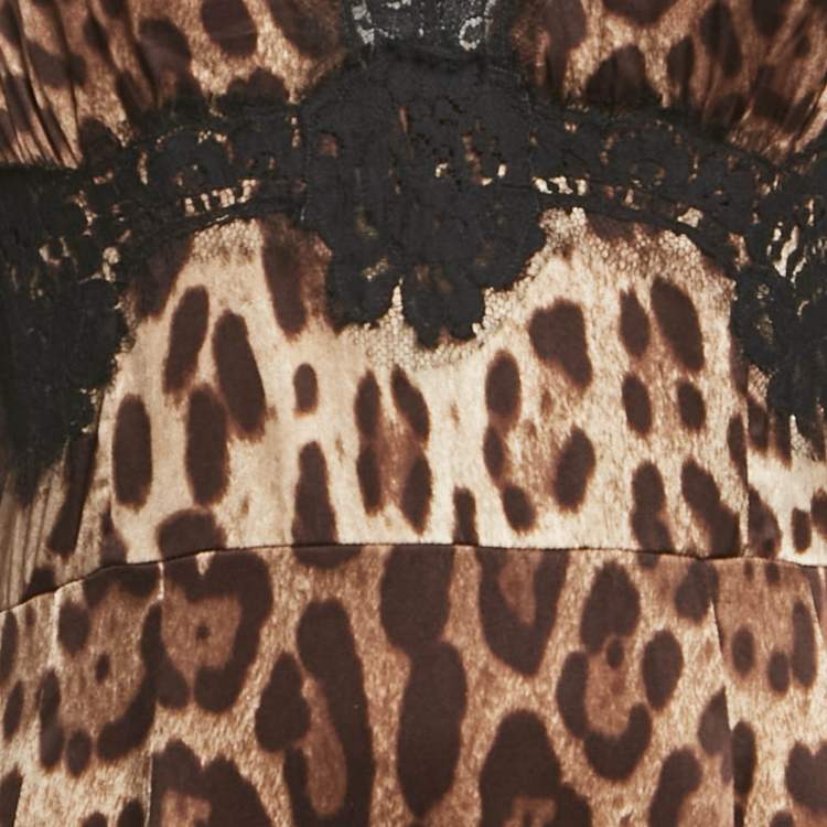 Pre Owned Dolce & Gabbana Brown Leopard Print Lace Trim Satin Mini Dress L