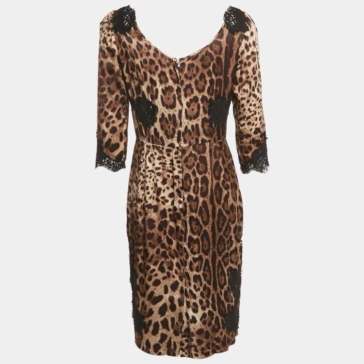 Pre Owned Dolce & Gabbana Brown Leopard Print Lace Trim Satin Mini Dress L