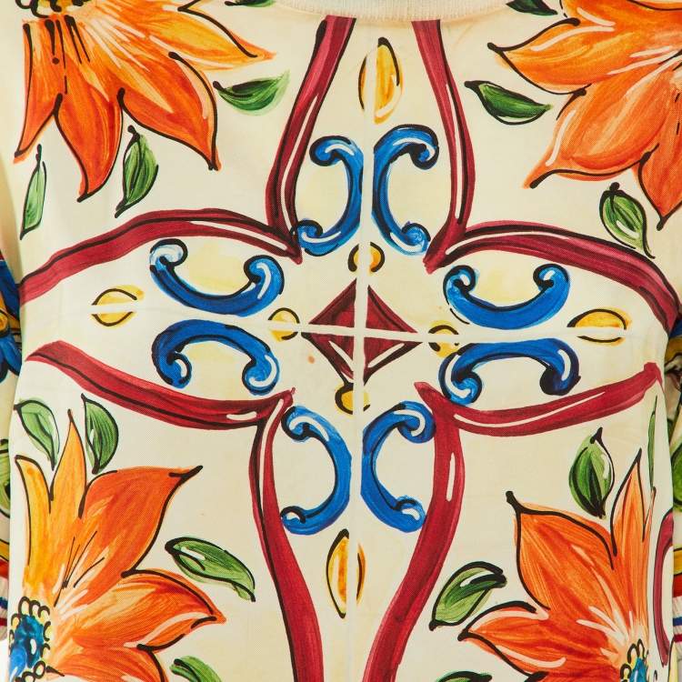 Pre Owned Dolce & Gabbana Multicolor Majolica Print Silk Lace Trim Top S