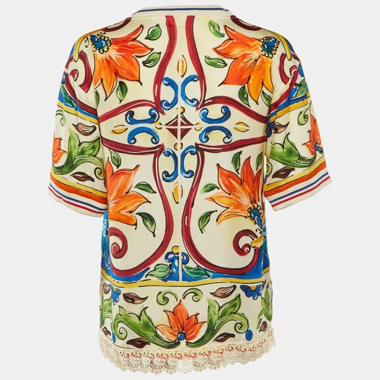 Pre Owned Dolce & Gabbana Multicolor Majolica Print Silk Lace Trim Top S