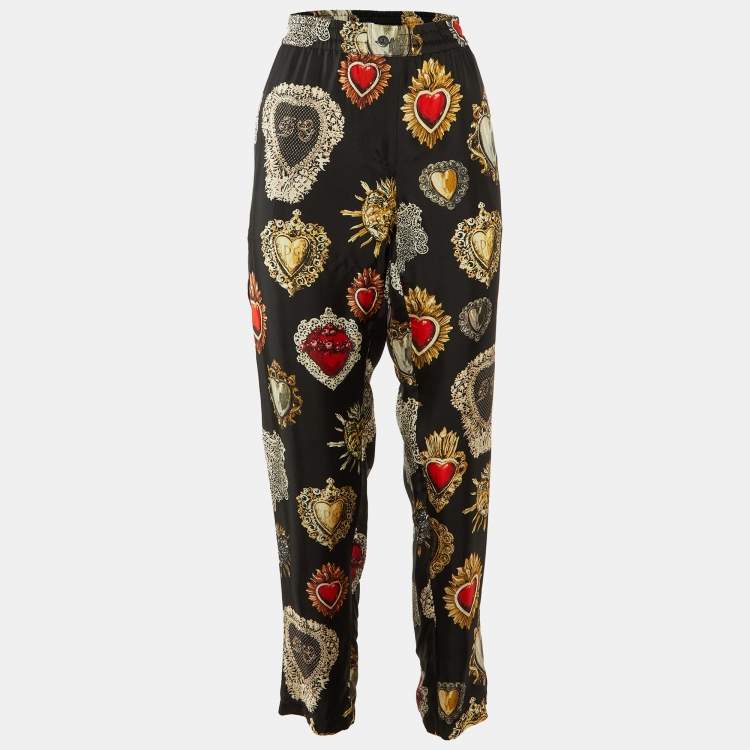 Pre Owned Dolce & Gabbana Black Printed Silk Trimmed Trousers M