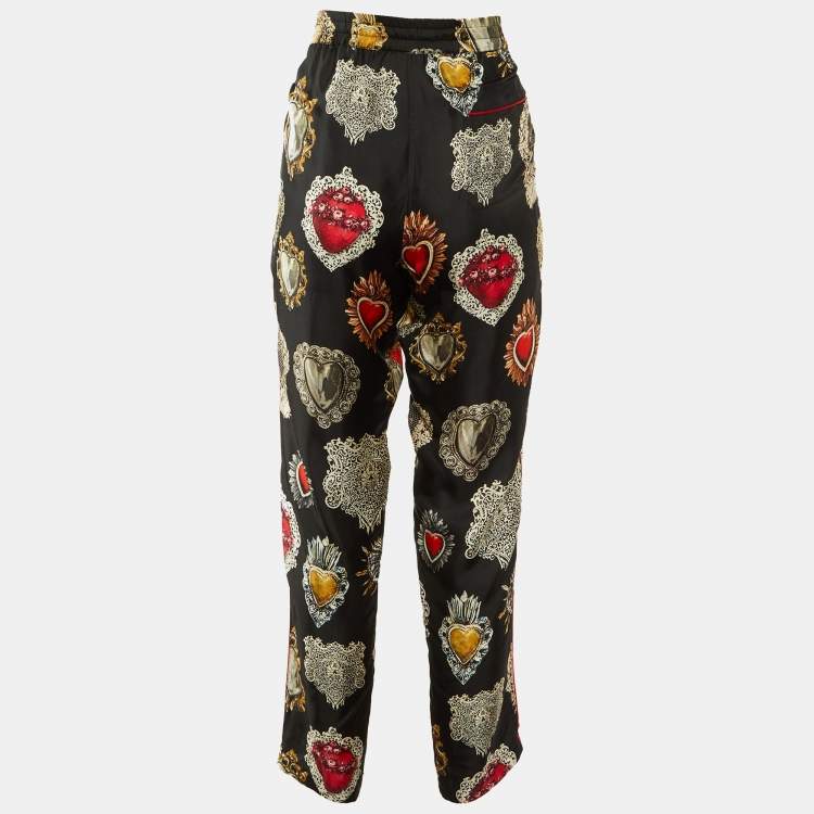 Pre Owned Dolce & Gabbana Black Printed Silk Trimmed Trousers M