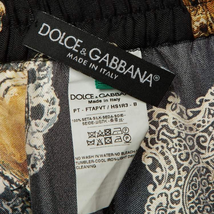 Pre Owned Dolce & Gabbana Black Printed Silk Trimmed Trousers M