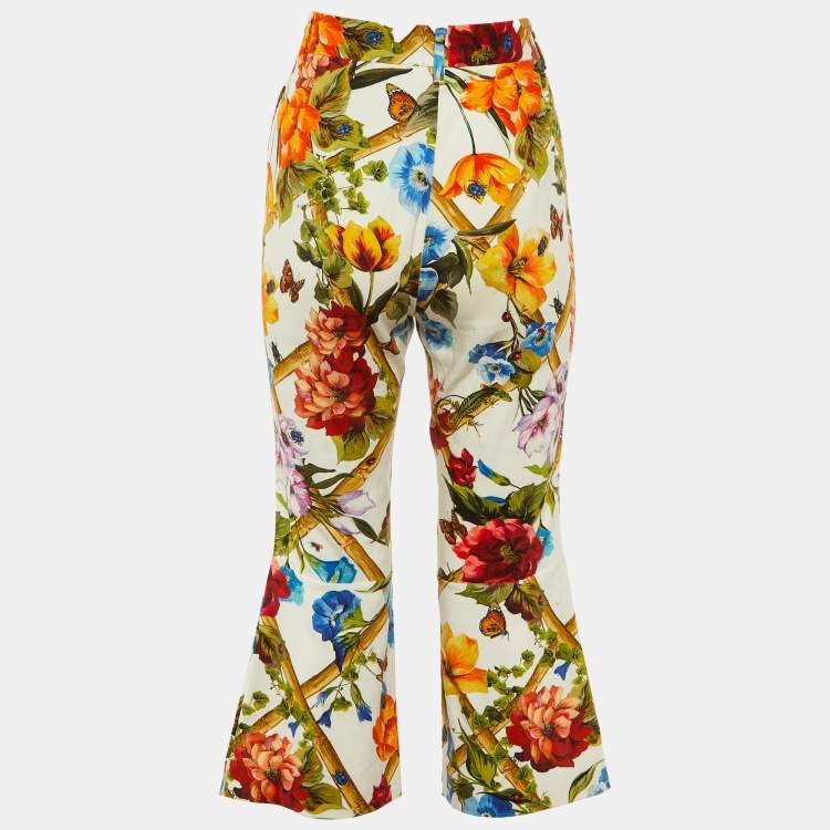 Pre Owned Dolce & Gabbana White Printed Cotton Wide Leg Trousers M