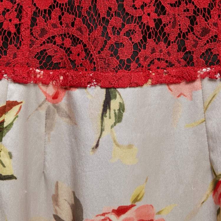 Pre Owned Dolce & Gabbana Red Lace and Floral Print Satin Mini Dress M