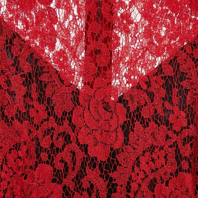 Pre Owned Dolce & Gabbana Red Lace and Floral Print Satin Mini Dress M