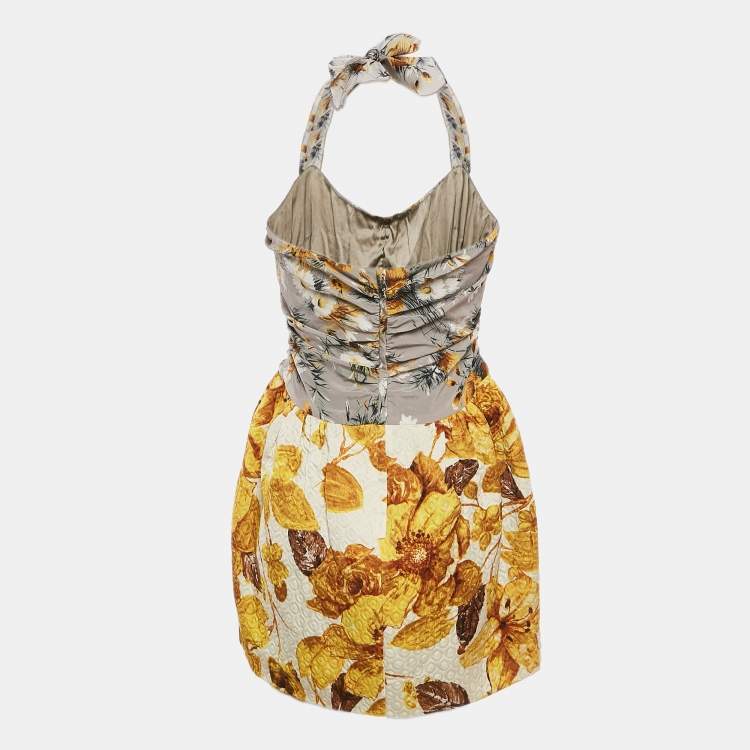 Pre Owned Dolce & Gabbana Grey/Yellow Floral Print Jacquard and Crepe Halter Neck Dress M