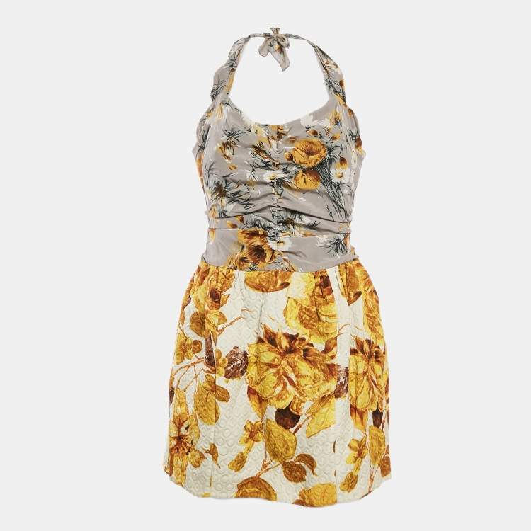 Pre Owned Dolce & Gabbana Grey/Yellow Floral Print Jacquard and Crepe Halter Neck Dress M