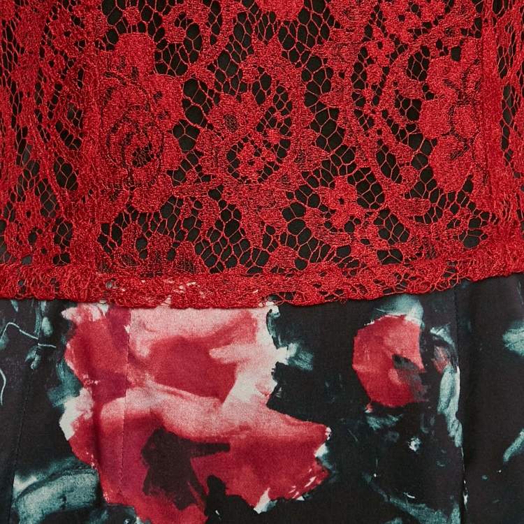 Pre Owned Dolce & Gabbana Red/Black Lace and Floral Print Crepe Mini Dress M