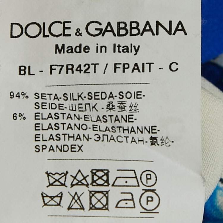 Pre Owned Dolce & Gabbana White/Blue Printed Silk Long Sleeve Top S