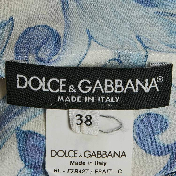 Pre Owned Dolce & Gabbana White/Blue Printed Silk Long Sleeve Top S