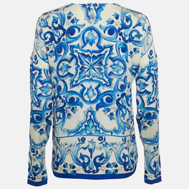 Pre Owned Dolce & Gabbana White/Blue Printed Silk Long Sleeve Top S