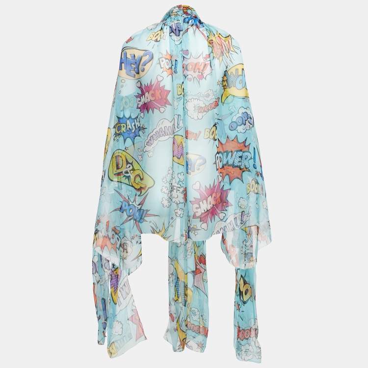 Pre Owned Dolce & Gabbana Blue Comic Print Silk Blouse S