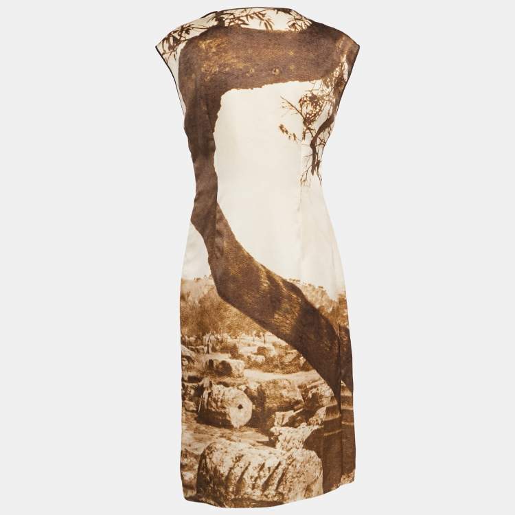 Pre Owned Dolce & Gabbana Beige Digital Greek Temple Print Silk Sleeveless Midi Dress M