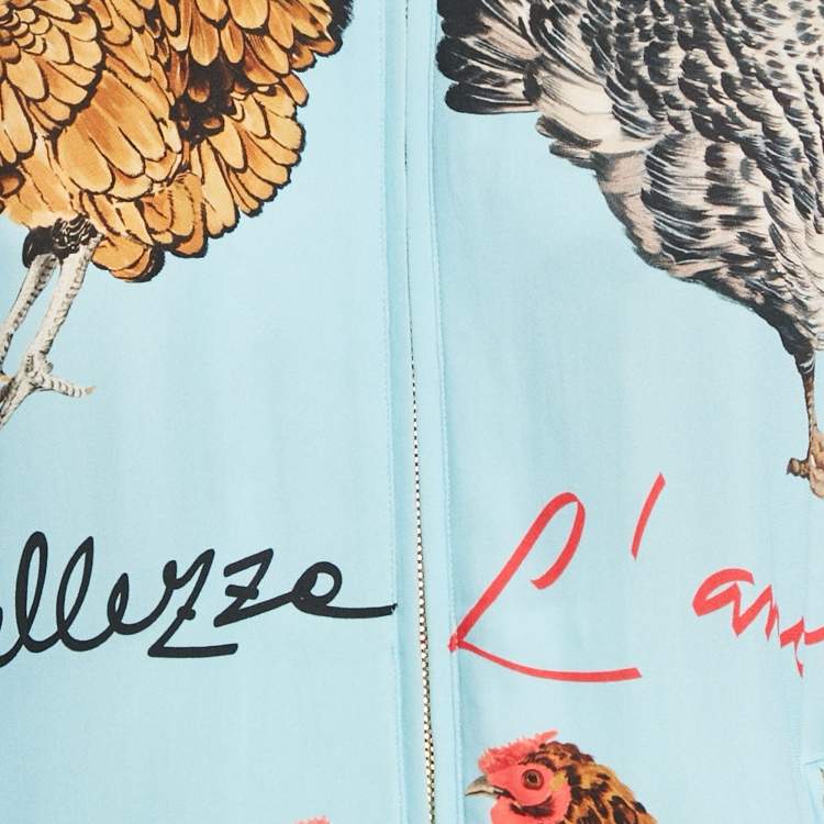 Pre Owned Dolce & Gabbana Blue Hen and Cock Print Crepe  Zip-Up Bomber Jacket S