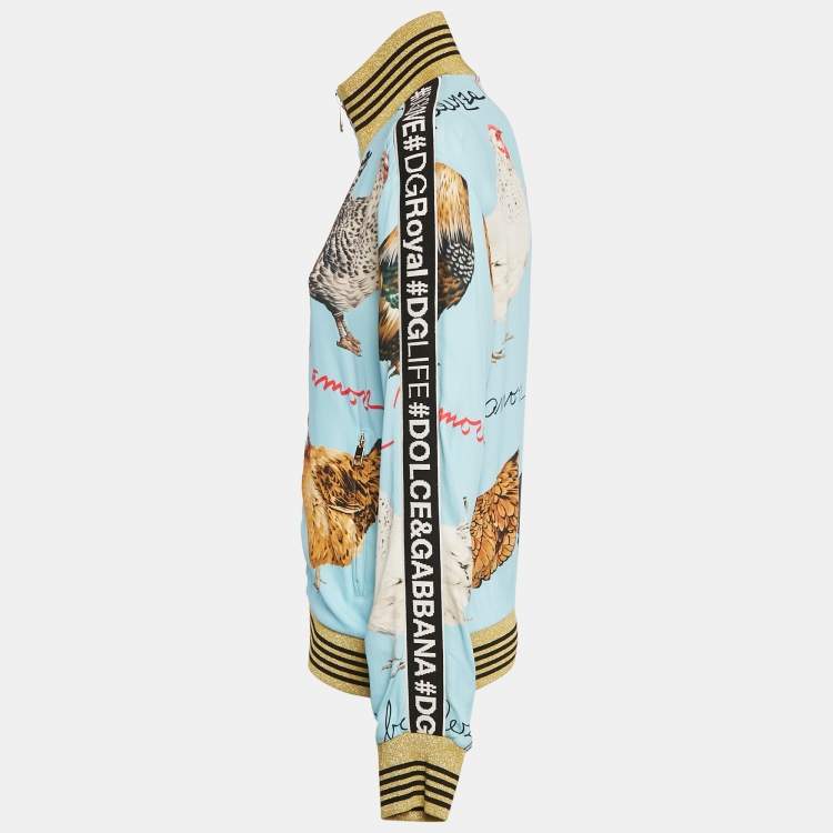 Pre Owned Dolce & Gabbana Blue Hen and Cock Print Crepe  Zip-Up Bomber Jacket S