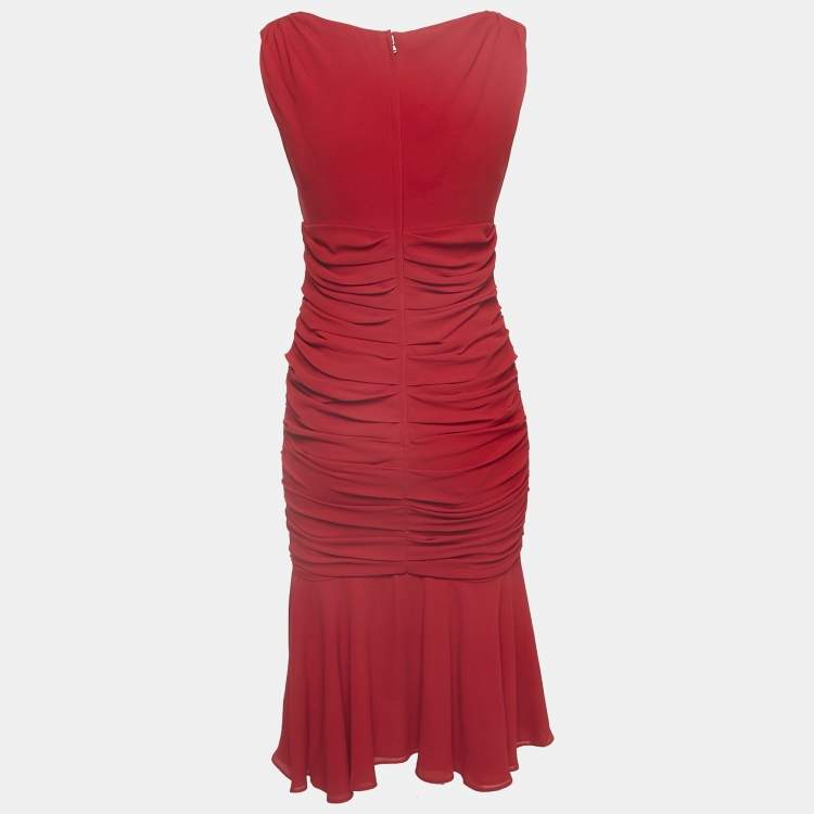 Pre Owned Dolce & Gabbana Red Silk Draped Sleeveless Midi Dress S