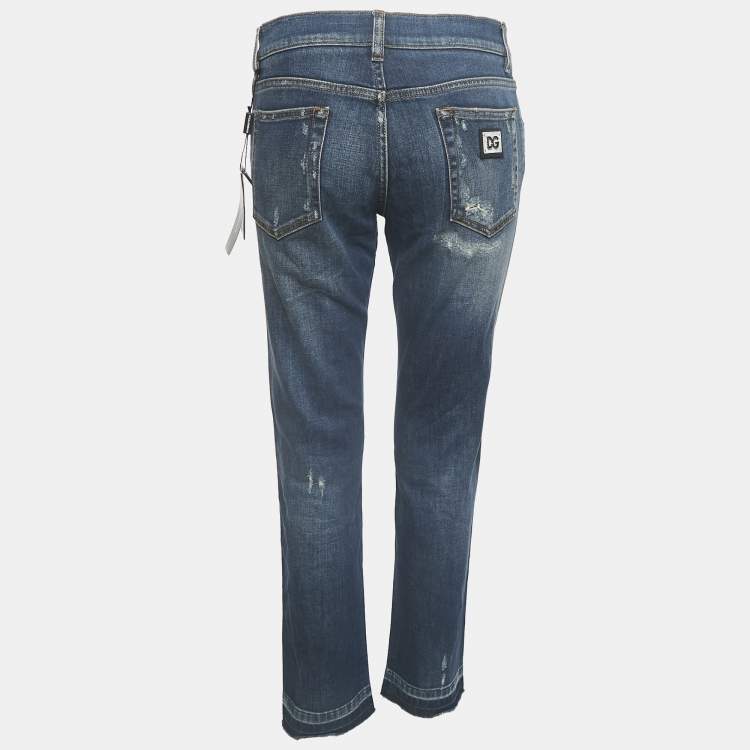 Pre Owned Dolce & Gabbana Navy Blue Distressed Denim Capri Jeans 32" L