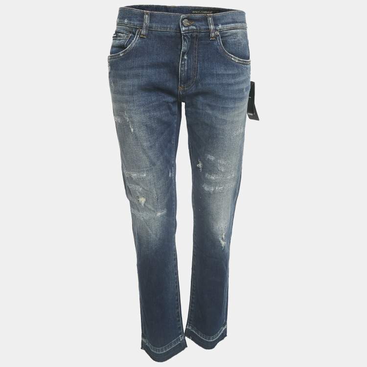 Pre Owned Dolce & Gabbana Navy Blue Distressed Denim Capri Jeans 32" L