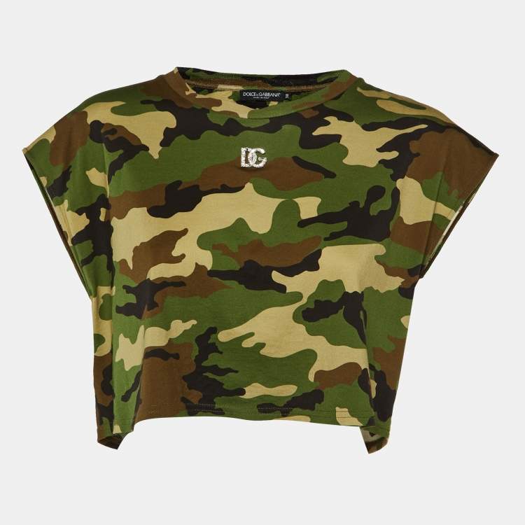 Pre Owned Dolce & Gabbana Green Logo Detail Camouflage Print Jersey Crop T-Shirt S