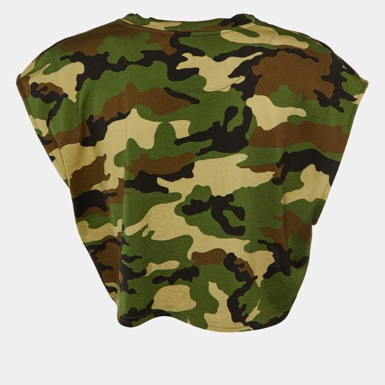 Pre Owned Dolce & Gabbana Green Logo Detail Camouflage Print Jersey Crop T-Shirt S