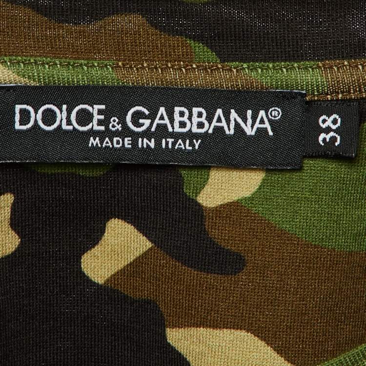 Pre Owned Dolce & Gabbana Green Logo Detail Camouflage Print Jersey Crop T-Shirt S