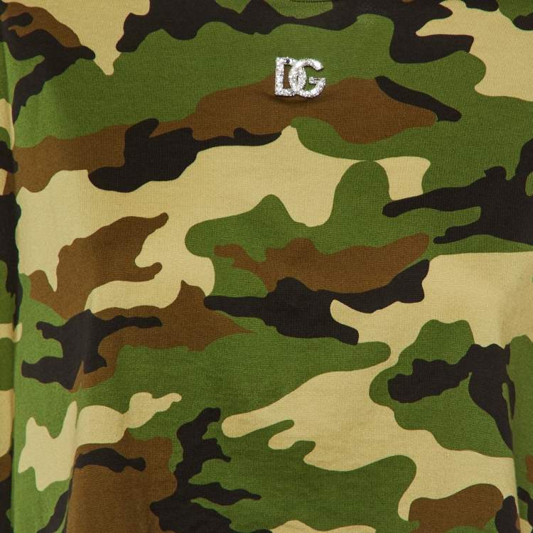 Pre Owned Dolce & Gabbana Green Logo Detail Camouflage Print Jersey Crop T-Shirt S